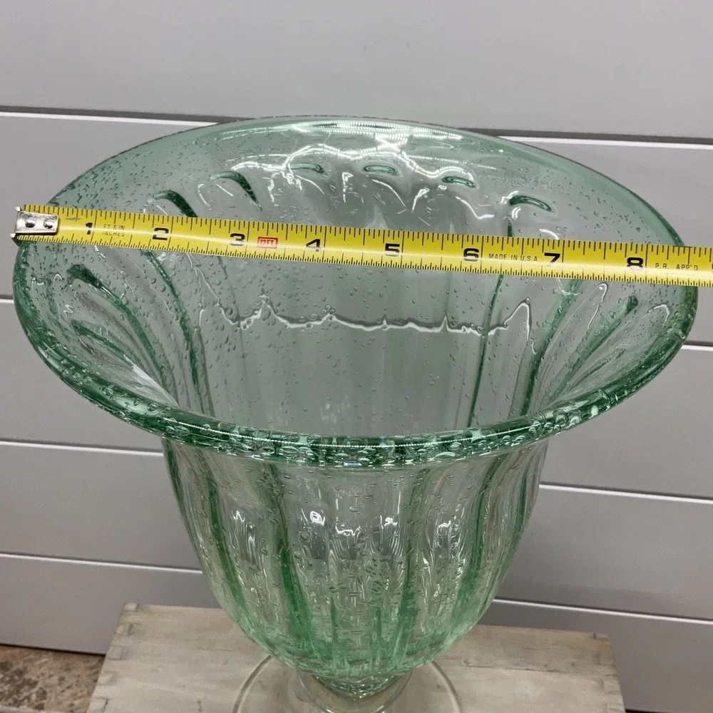 Green Seeded Glass Optic Ribbed Footed Hurricane Vase 11.5 Inch Centerpiece